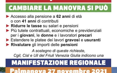 PENSIONI, FISCO E LAVORO, DOMANI LA MANIFESTAZIONE CGIL-CISL-UIL A PALMANOVA